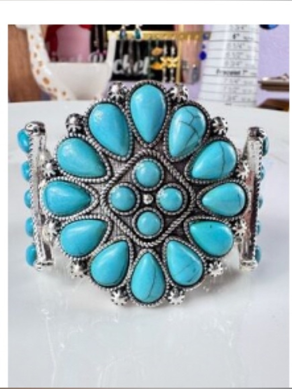 Plunder dyed blue Howilite Floral Cluster Cuff Bracelet. Stone may vary.